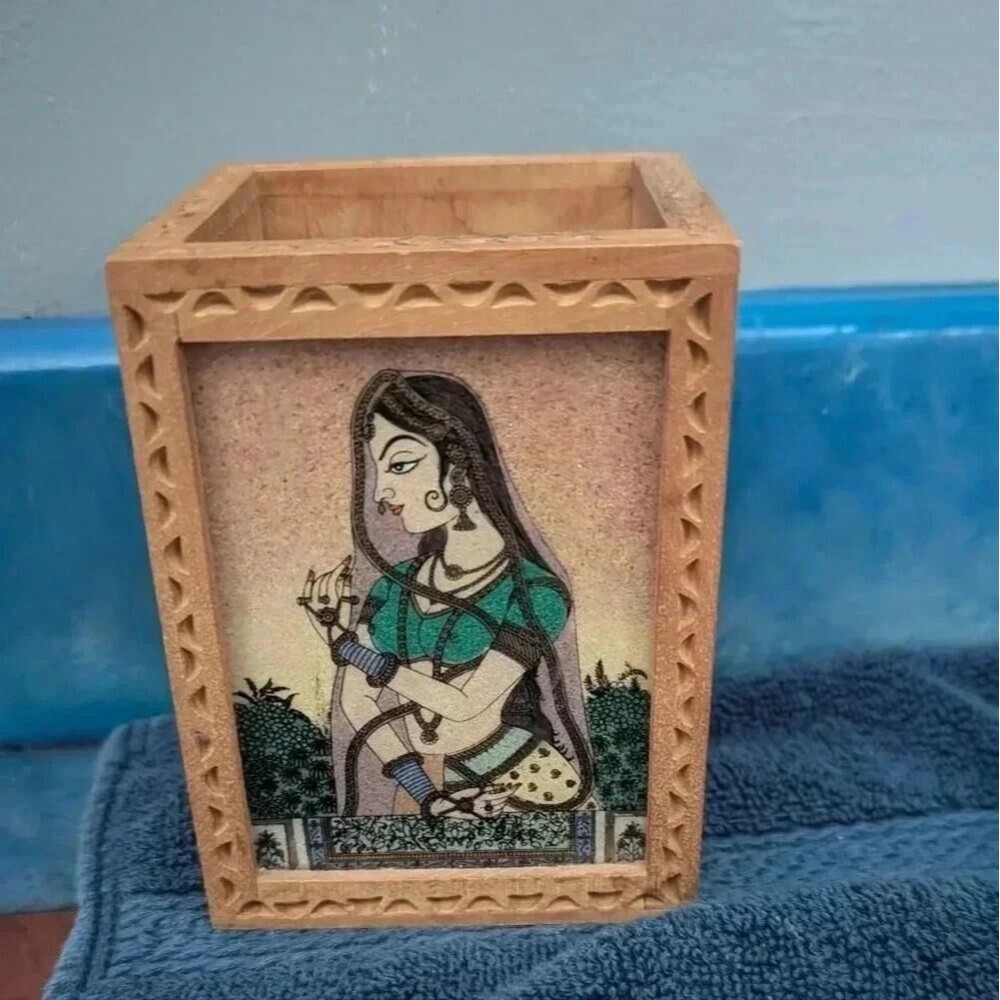 Hand-Painted Indian Art Wooden Pen Holder - Carved Floral Details